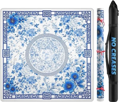 Mahjongmatte for bord 33" rullet emballasje for amerikansk mahjongsett|Vanntett -sklir støy-reduserer Mah Jongg matte, amerikansk neopren mahjongmatte med bæreveske for brettspill (blå)